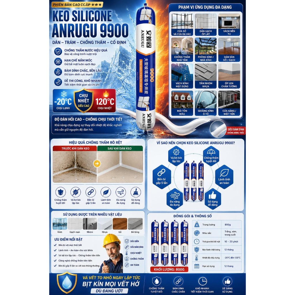 Keo Silicone ANRUGU 9900 – Keo Dán Kính Chuyên Dụng, Chống Thấm, Bám Dính Mạnh