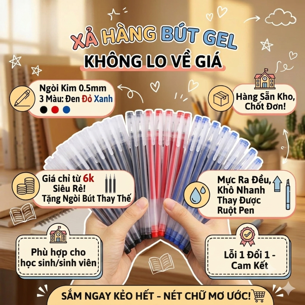 {Xả kho thanh lý} 100 Bút gel MOCHI viết gel bút nước đen xanh đỏ mực khô nhanh ngòi 0,5mm bút gel đ