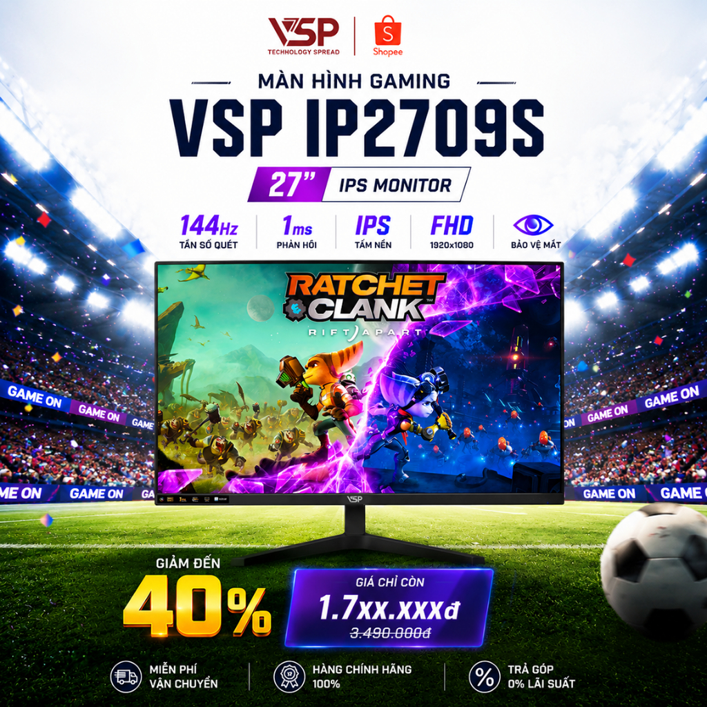 Màn hình VSP IP2709S Black 27inch Full HD IPS 144Hz 1ms Phù hợp làm văn phòng, giải trí (Bảo hành 3 