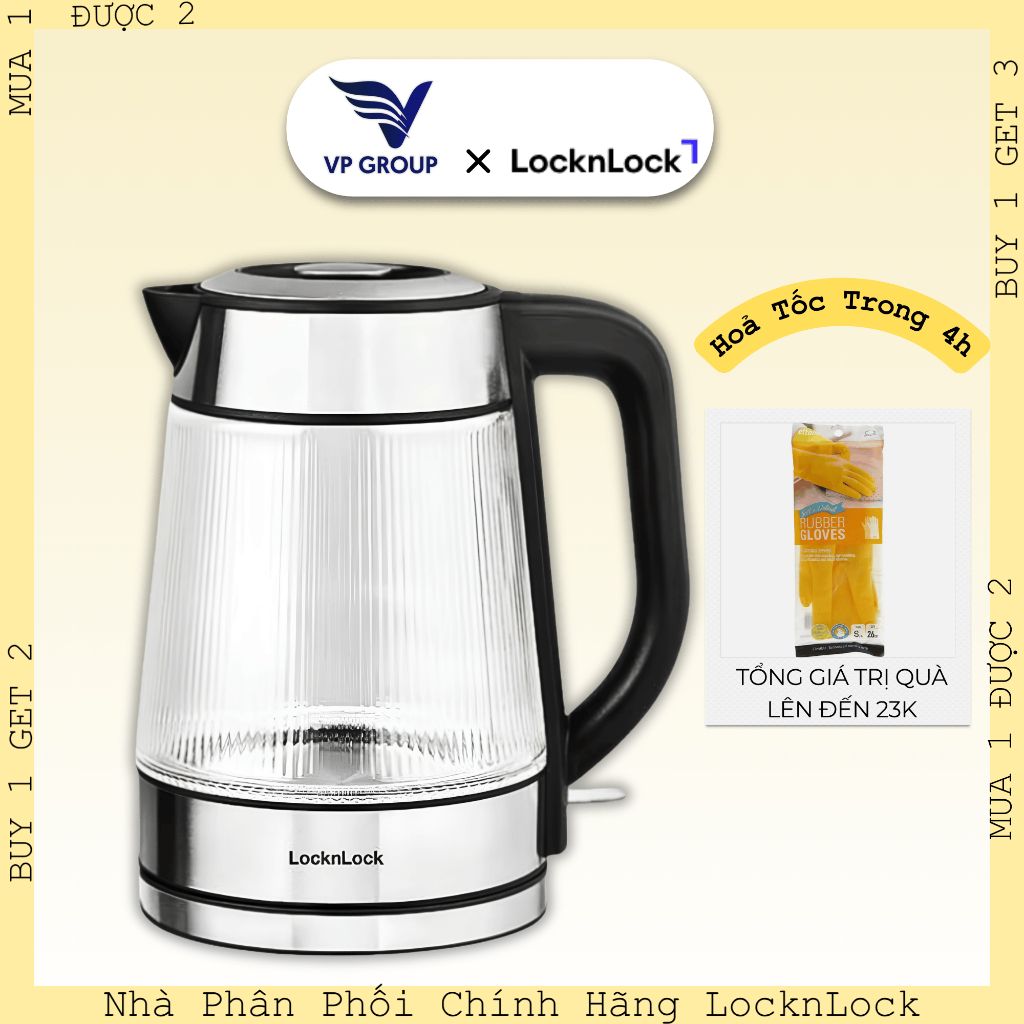 Ấm đun siêu tốc Locknlock chính hãng Glass electric kettle 1.8L- Màu đen, EJK256BLK (VPG)