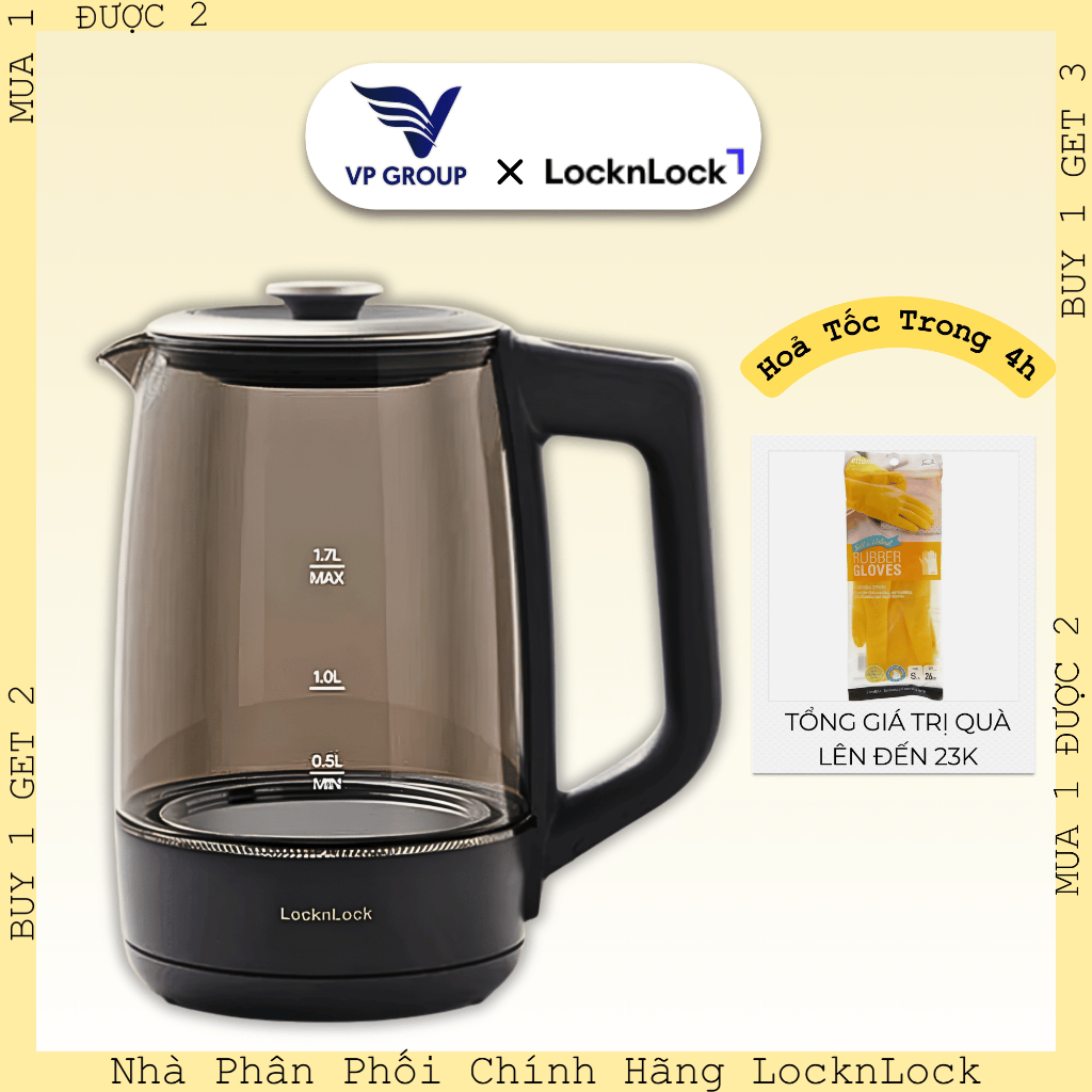 [LocknLock] Ấm đun siêu tốc Locknlock Smart glow glass electric kettle 1.7L, màu xám - EJK276GRY (VP
