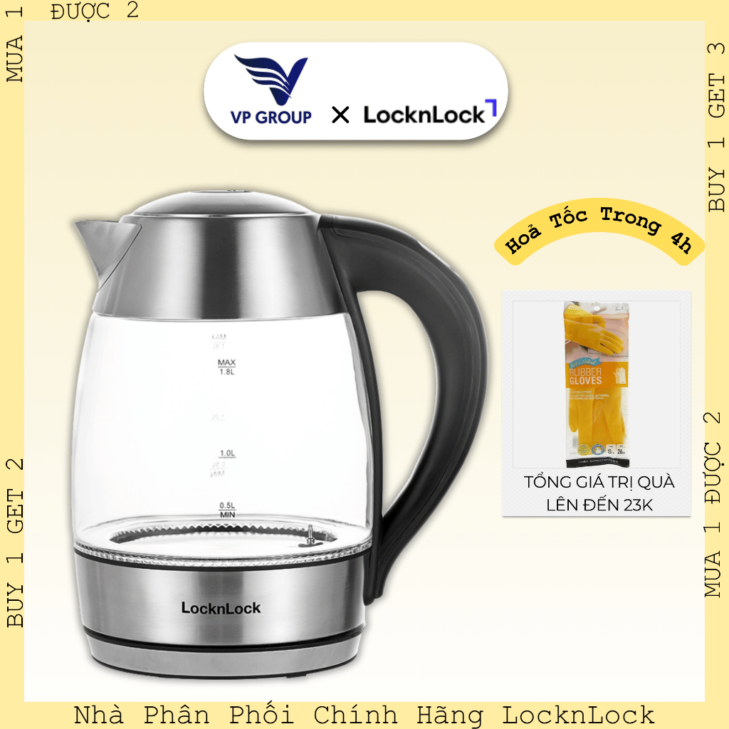 [CHÍNH HÃNG] Ấm đun nước dùng điện bằng thủy tinh, hiệu LocknLock 1.8L - EJK341 (VPG)