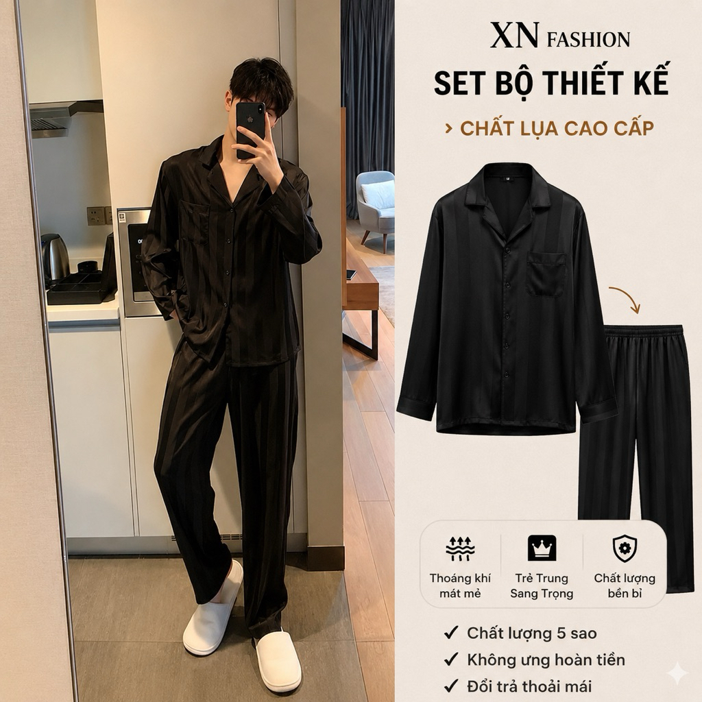 [DEAL  ĐẦU NĂM ] Bộ quần áo ngủ ,bộ ngủ lụa xuân thu nam nữ kẻ sọc dài tay cao cấp sz từ 40-85kg