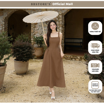 BBSTORE'S Đầm 2 dây tiệc cotton dài cổ vuông tùng nhún phồng - DAG01A