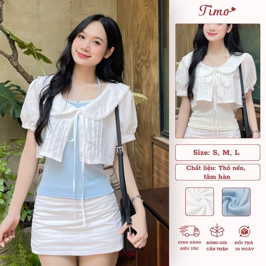Set áo croptop 2 lớp dáng babydoll tay phồng tiểu thư cổ sen thắt nơ dễ thương Hàn Quốc AOT052