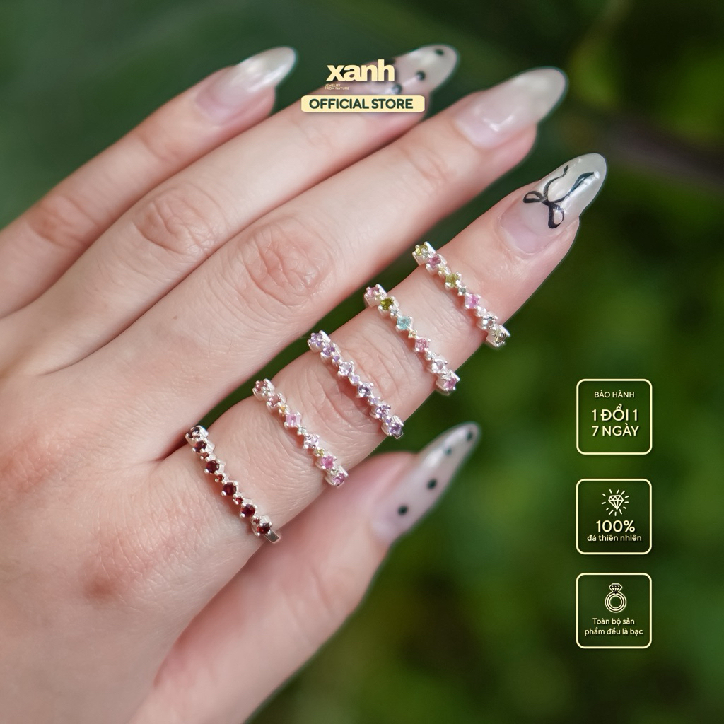 Nhẫn bạc ta 999 Như Ý đá tự nhiên Tourmaline đa sắc 7 chakra luân xa thanh lịch - Xanh Jewelry