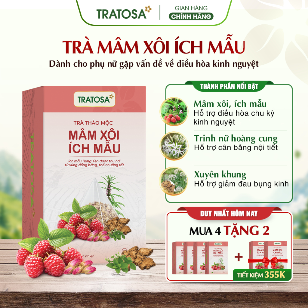 Trà  điều kinh mâm xôi ích mẫu TRATOSA 10 vị thảo mộc, tốt cho chu kỳ, IVF,UIU an toàn từ thiên nhiê
