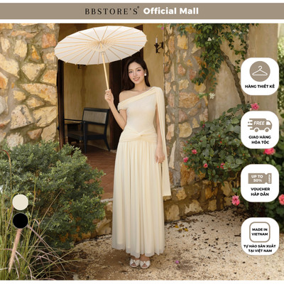 BBSTORE'S Đầm tiệc thun lưới dài cổ xéo có tà ở vai xoắn vải ở eo - DAG03A
