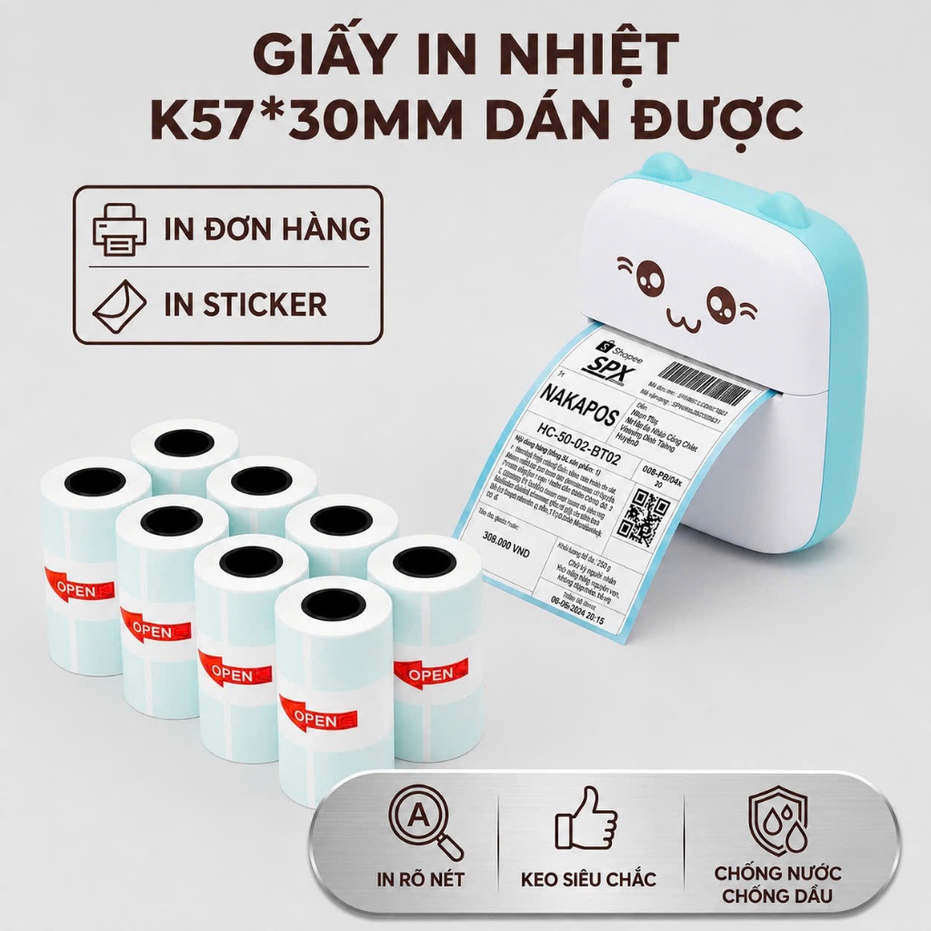 [COMBO 2 CUỘN] Giấy in nhiệt K57x30mm Tem có lớp keo dán K57x30 dành cho máy mini máy in bluetooth P