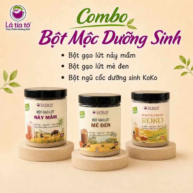 COMBO MIX 3 HŨ BỘT MỘC DƯỠNG SINH ( Bột gạo lứt, Bột GL mè đen , Bột ngũ cốc Koko) - LÁ TÍA TÔ