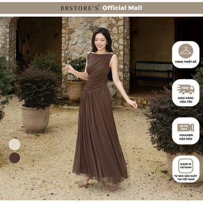 BBSTORE'S Đầm tiệc thun lưới dài cổ thuyền nhún vải ở eo phom maxi - DAG04B
