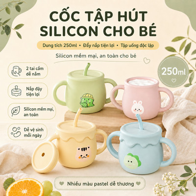 Cốc tập uống nước silicon KidAndMom có chức năng đẩy nắp đậy tiện lợi, Cốc tập hút cho bé