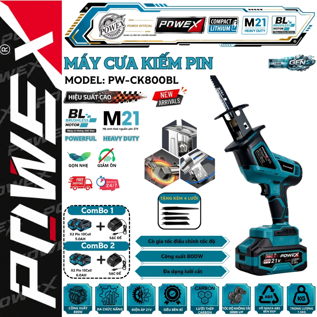 Máy cưa kiếm POWEX PW-CK800BL – 800W mạnh mẽ, BL Motor, cắt gỗ/sắt/nhựa, tặng 4 lưỡi hiệu suất cao
