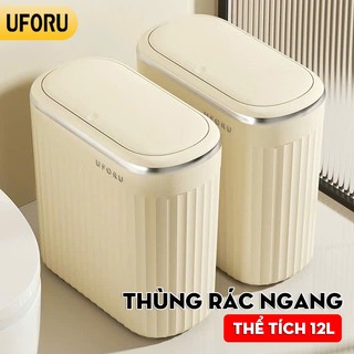Thùng rác tròn chữ nhật UFORU kiểu dáng mở ngang vân dọc nổi viền mạ bạc dung tích 12L chất liệu nhựa PP cao cấp - UF772