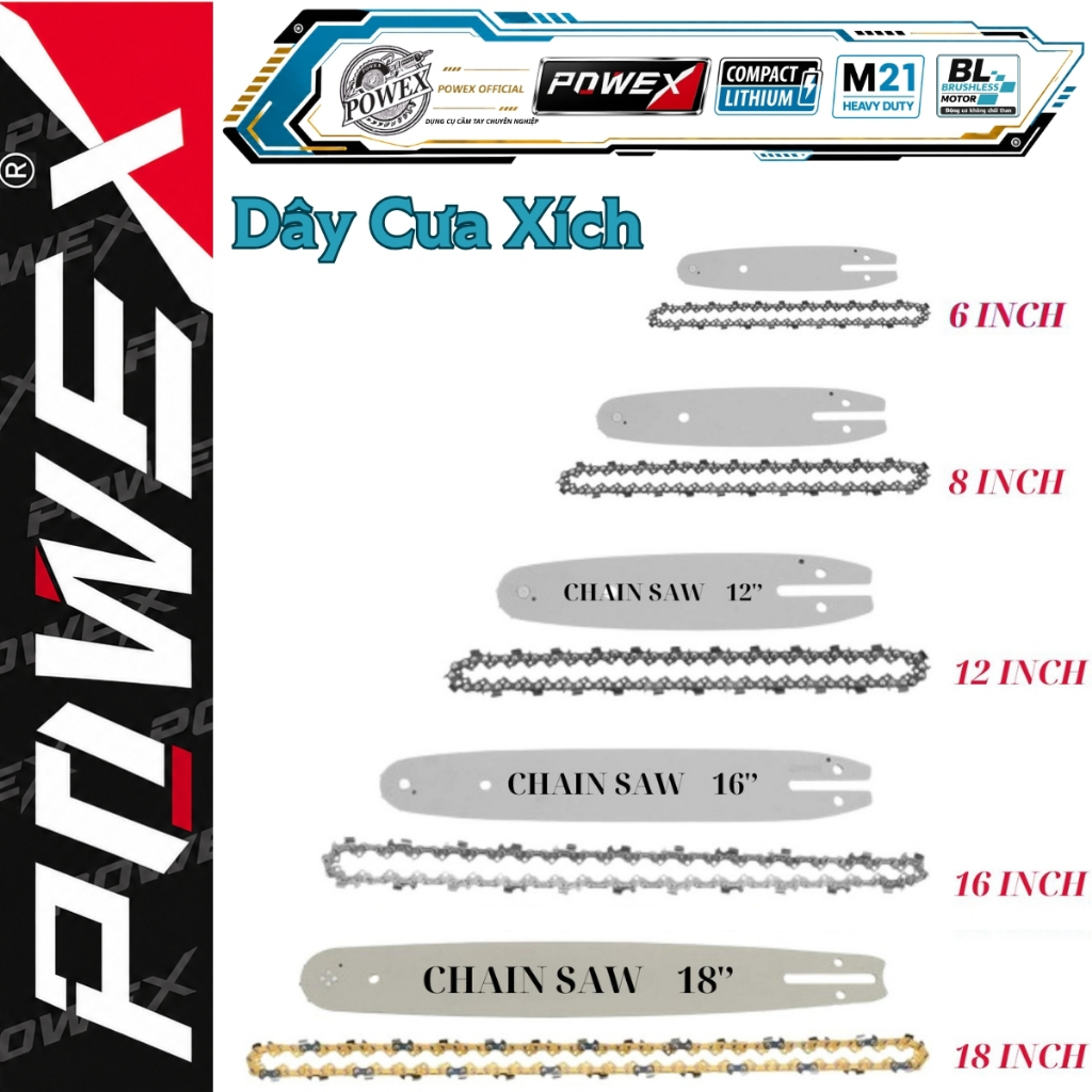 Dây cưa xích, xích máy cưa thay thế cho máy cưa pin POWEX, máy cưa xăng 18 inch, 16 icnh, 12 inch, 8