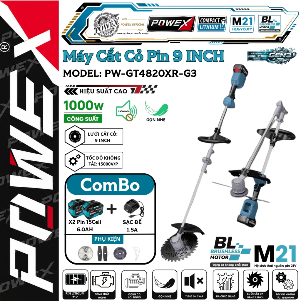 Máy cắt cỏ POWEX PW-CC4820BL – 9 inch, 1000W siêu khỏe, BL Motor, không tải 15000 V/P, hiệu suất cao