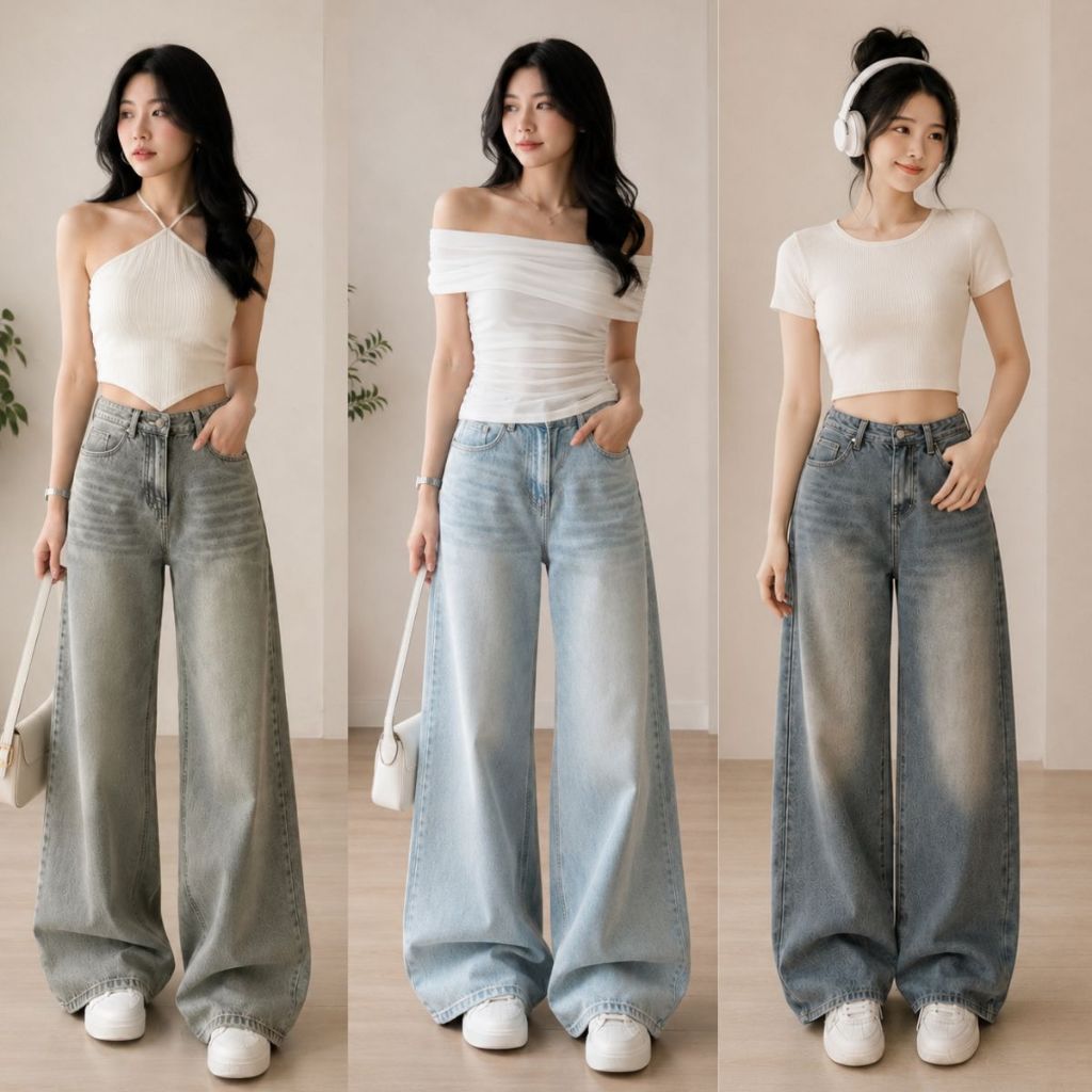 Quần Jean Nữ MIAA ỐNG suông dáng rộng cạp cao Màu Xanh Trắng Wash Đen chất bò RIN mềm denim BIGSIZE