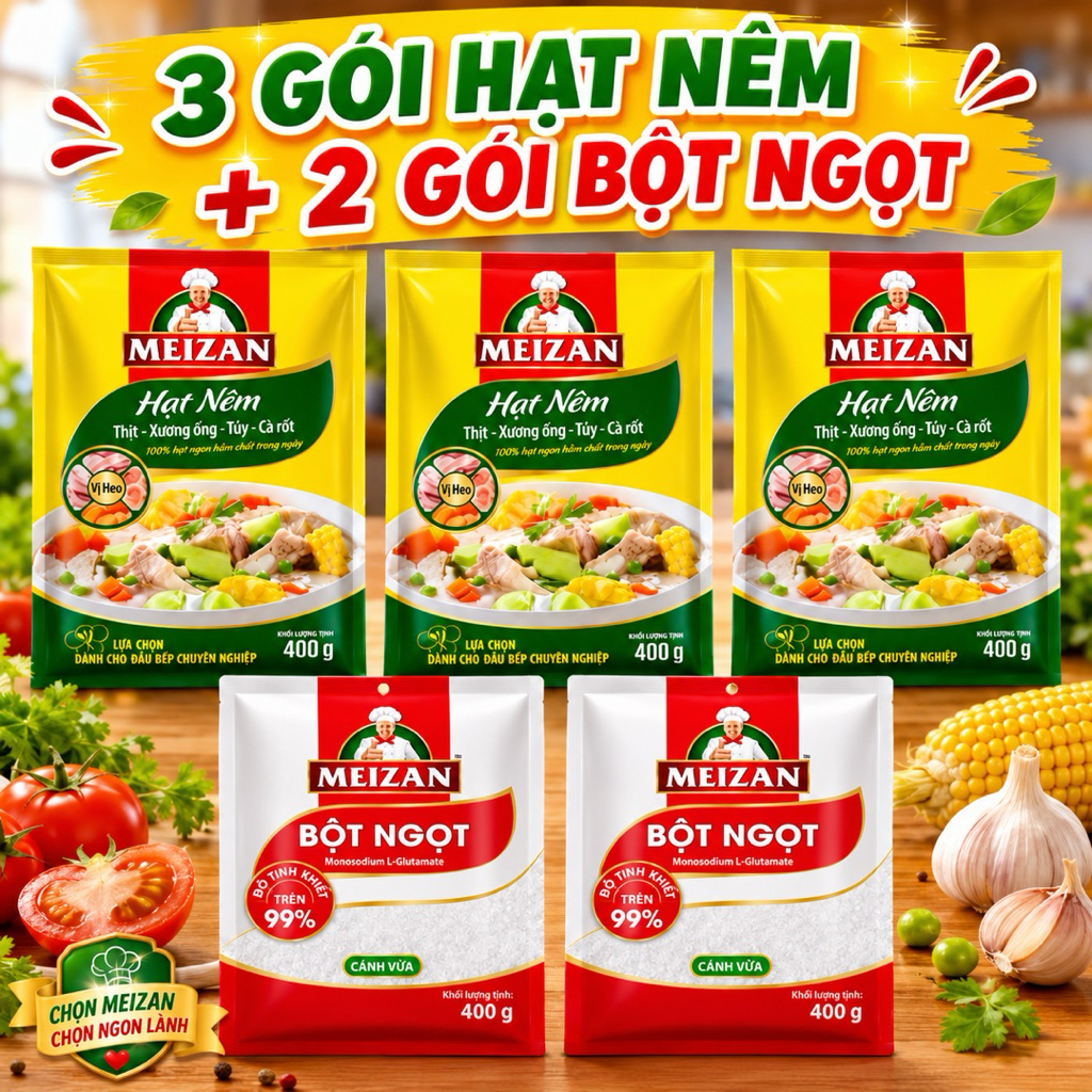 combo gồm có 3 gói hạt nêm meizan và 2 gói bột ngọt meizan mỗi gói 400g