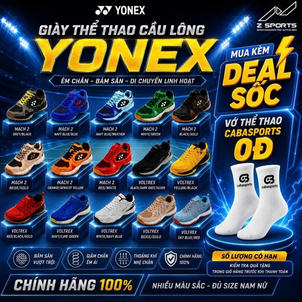 Giày cầu lông Yonex Voltrex, Mach 2 chính hãng, giày cầu lông nam nữ giá rẻ