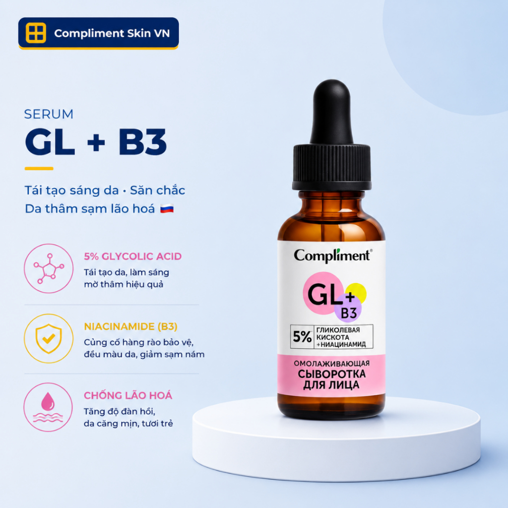 Serum Glycolic Acid 5% Niacinamide B3 Compliment Tái Tạo Sáng Da, Tăng Đàn Hồi & Mờ Thâm Sạm 27ml