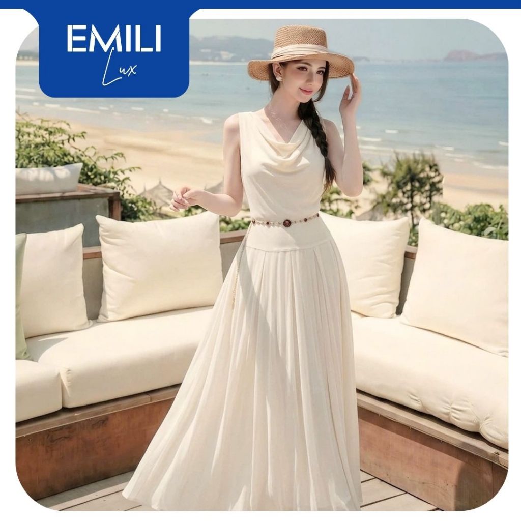 Váy maxi nữ cổ đổ chiết eo tôn dáng (kèm đai) Emili Lux phong cách thanh lịch đi chơi, đi biển V577