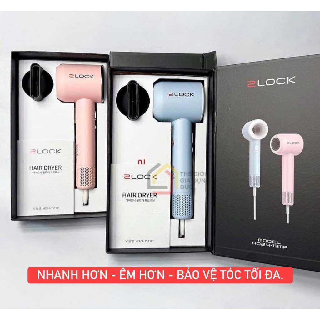 Máy Sấy Tóc Ion Âm 2LOCK Korea HD24-1511P - Công Suất Đến 1600W, 3 Chế Độ Nhiệt, Sấy Khô Thần Tốc