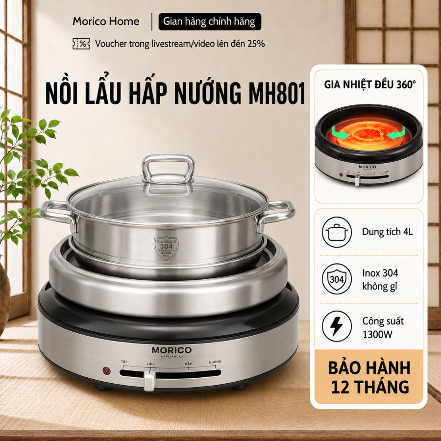 Nồi Lẩu Nướng Hấp 3in1 Morico MH801 4L – Inox 304 Chống Dính, 1300W, Nấu Lẩu Nướng Hấp Đa Năng