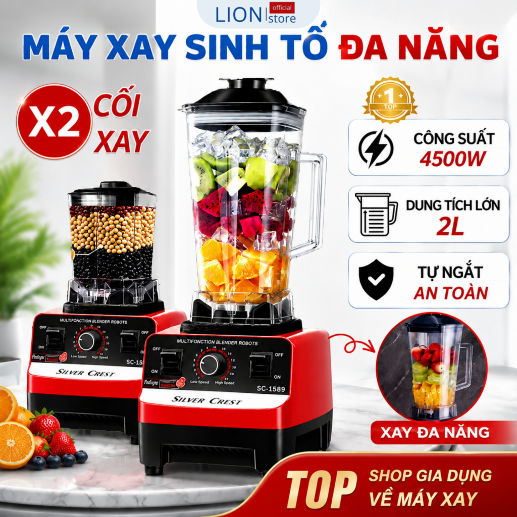 Máy Xay Sinh Tố Đa Năng KAW SILVER CREST SC-1589 Máy Xay Công Nghiệp 2 Cối Xay…