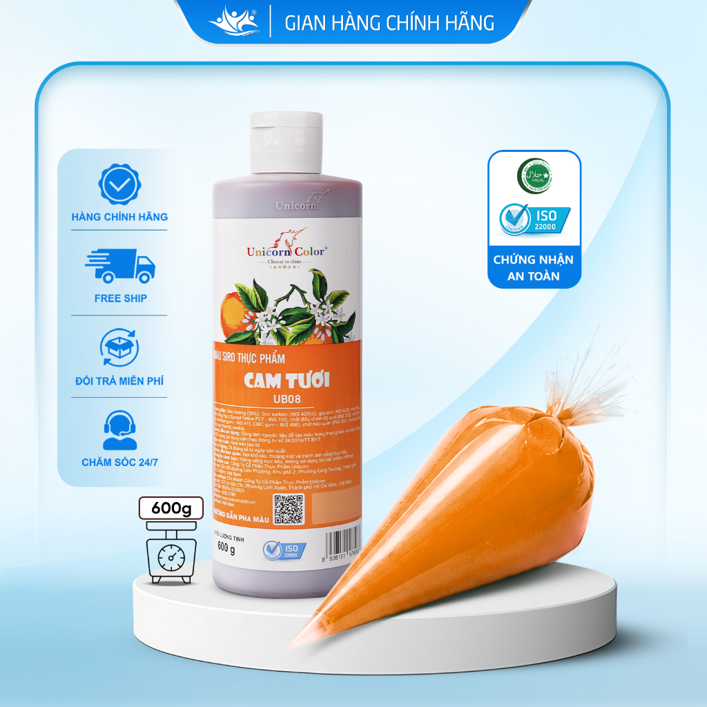 Màu Siro Thực Phẩm Cam Tươi Unicorn Color, Màu Làm Bánh Không Đắng Chai 600g - Unicorn Color 600g