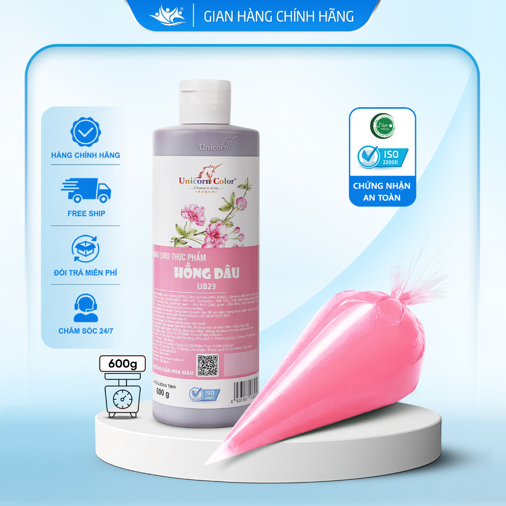 Màu Siro Thực Phẩm Hồng Dâu Unicorn Color, Màu Làm Bánh Không Đắng Chai 600g - Unicorn Color 600g