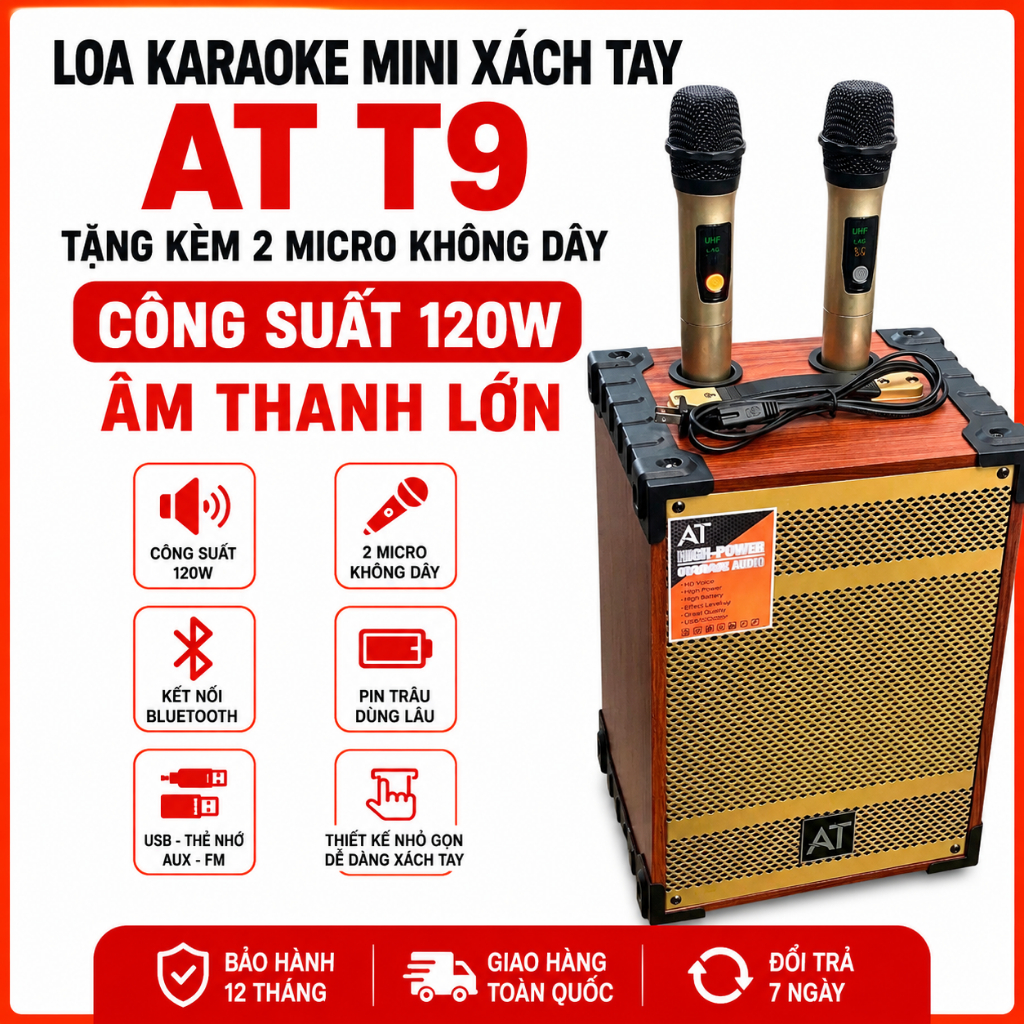 Loa Karaoke Mini Xách Tay AT T9 - Tặng Kèm 2 Micro Không Dây Công Suất 120W Âm Thanh Lớn