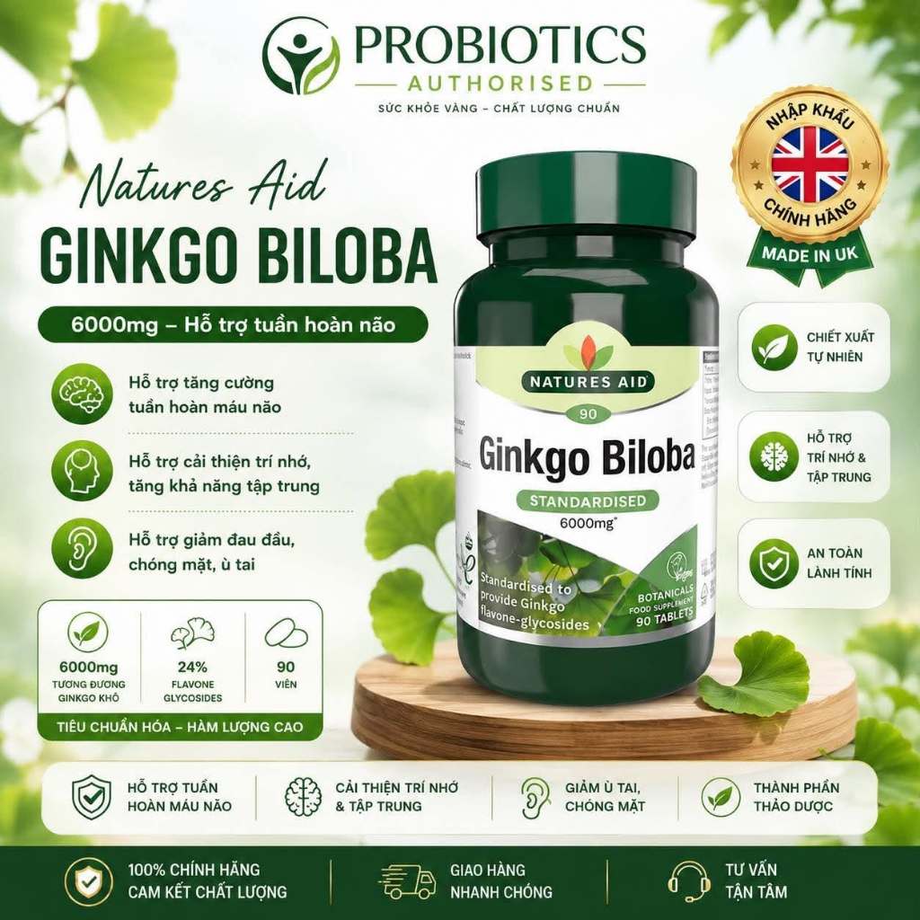 Viên uống bổ não Natures Aid Ginkgo Biloba 6000mg lọ 90 viên
