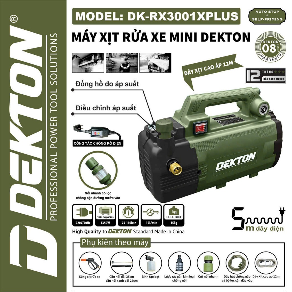 Máy rửa xe DEKTON DK-CWR3001Plus / Bản nâng cấp /Chống giật & Lọc kép