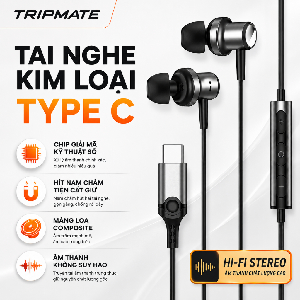 Tai Nghe Có Dây TRIPMATE C02 Jack Type C, Âm Thanh HIFI Sống Động, Mic Đàm Thoại Rõ Nét, Chống Rối