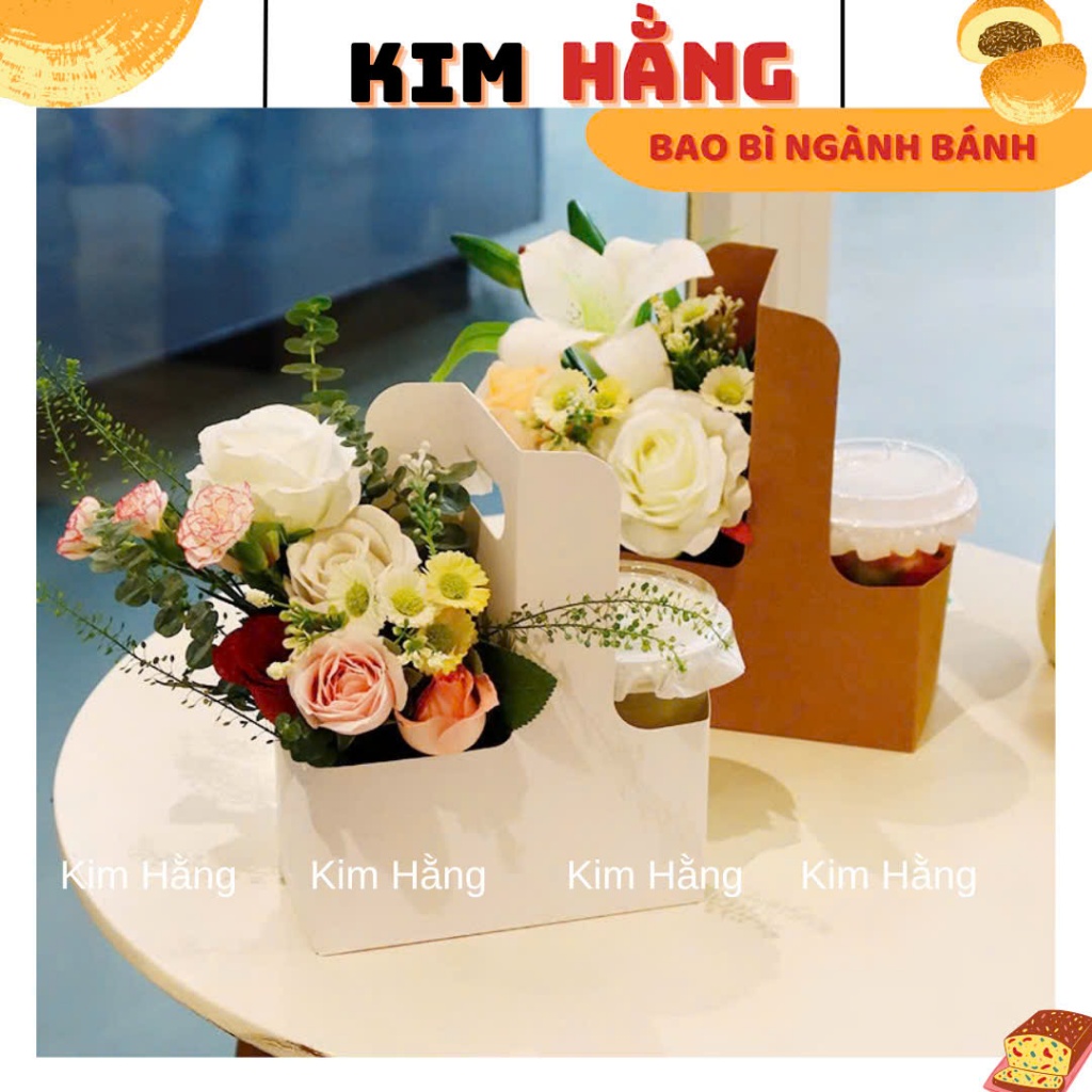 50 Khay kraft quay xách đựng hoa và ly nước , khay ly kraft 2 ngăn nâu đựng quà và hoa , khay đựng b