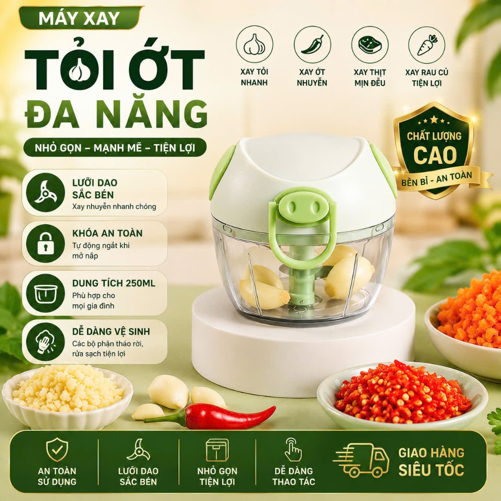Máy xay tỏi ớt mini đa năng PTLUXURY 3 lưỡi dao kéo tay, xay tỏi ớt hành, xay…