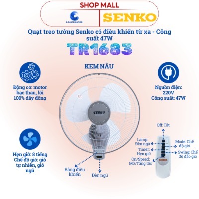 Senko_Quạt treo tường Senko có remote TR1683 - Hàng Chính Hãng