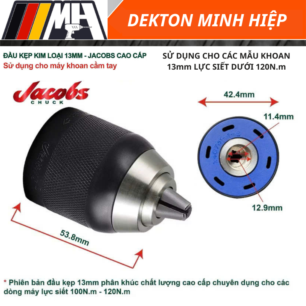 Đầu kẹp kim loại 13mm - Jacobs cao cấp. Sử dụng cho máy khoan cầm tay Lực siết 100Nm - 120Nm
