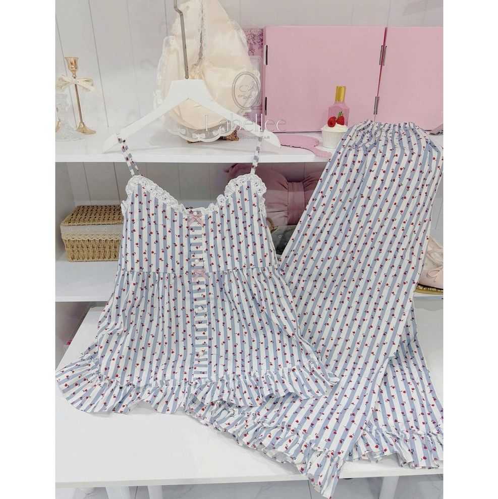 Set 2 dây quần dài sọc xanh hoa nhí 2DD13 Labellee chất liệu mềm mát, thấm hút mồ hôi