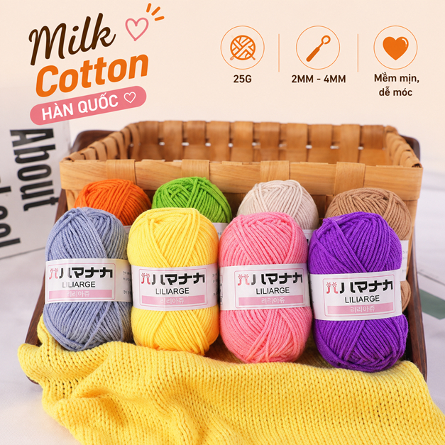 Len Milk Cotton Cuộn 25g Sợi 2mm, Len Cotton Hàn Nhí LYLYCRAFT Cho Người Mới Sử Dụng Kim Móc Len 2-3mm