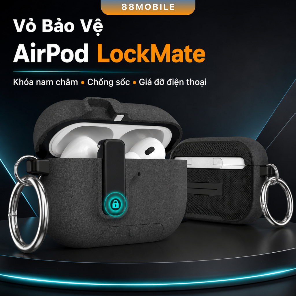 Vỏ Bảo Vệ Ốp AirPod LockMate Nam Châm Từ Tính, Chống Sốc, Khóa Treo Chắc Chắn I 88Mobile