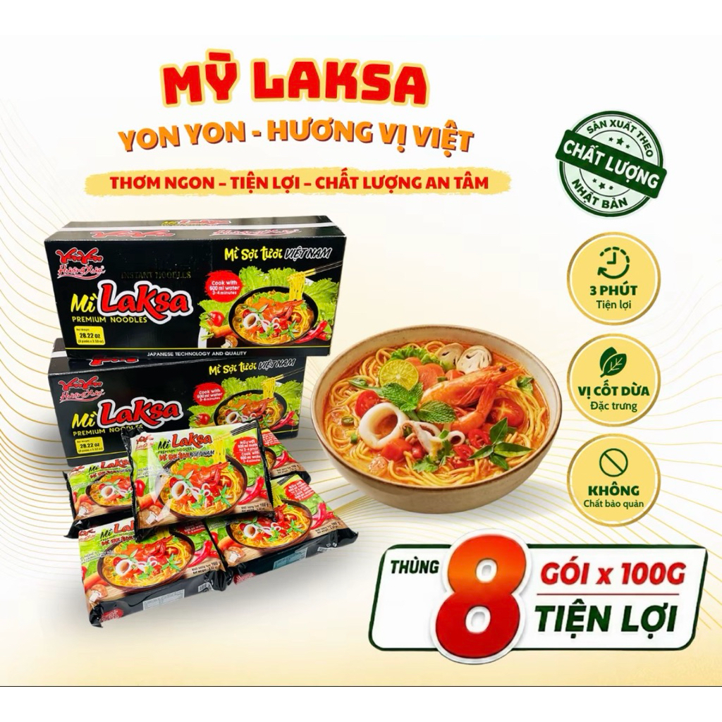 THÙNG 8 gói mì sợi tươi Laksa Hương Xưa - Vị Yummy Béo Ngọt ( kèm gói gia vị yummy )
