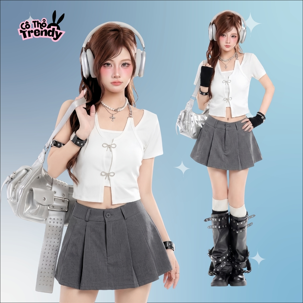 Áo kiểu nữ Cô Thỏ Trendy cổ phối xích chất thun gân dày mịn kèm tag nơ rời đính đá Acubi style