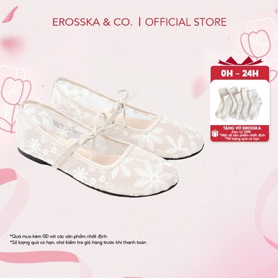 EROSSKA - Giày balletcore lưới thêu hoa dịu dàng đế bệt êm chân kiểu dáng basic màu đen - DOI81