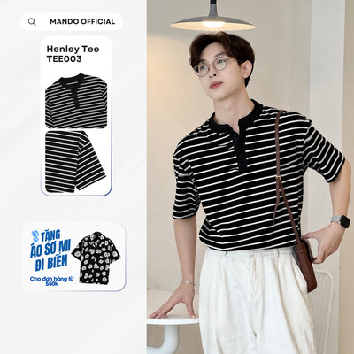 Áo thun kẻ Cổ Tàu Henley-Tee chất liệu Cotton Kẻ trắng basic phong cách Hàn Quốc MANDO KOREA Menswear - TEE003