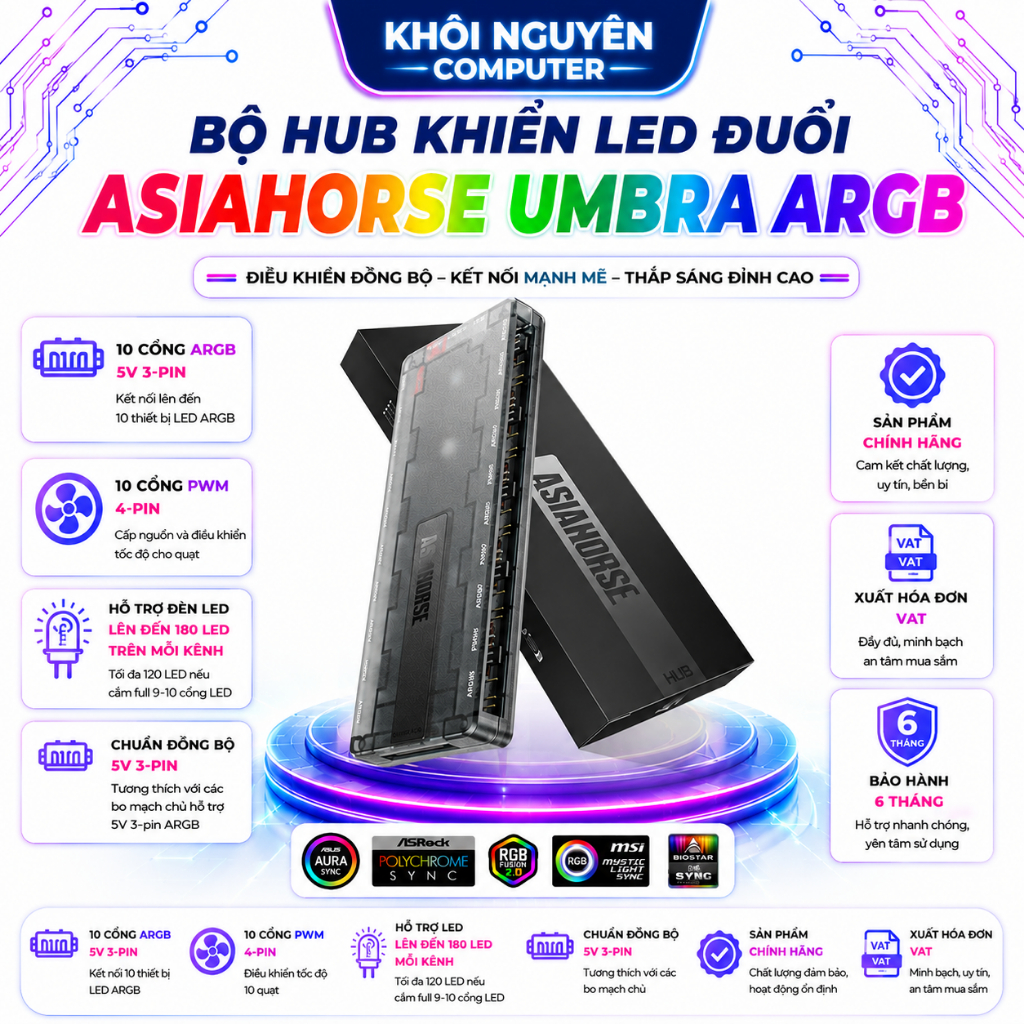 Hub Điều Khiển Fan Asiahorse Umbra ARGB PWM Hỗ Trợ 10 Quạt Led Chạy Đuổi Chính Hãng