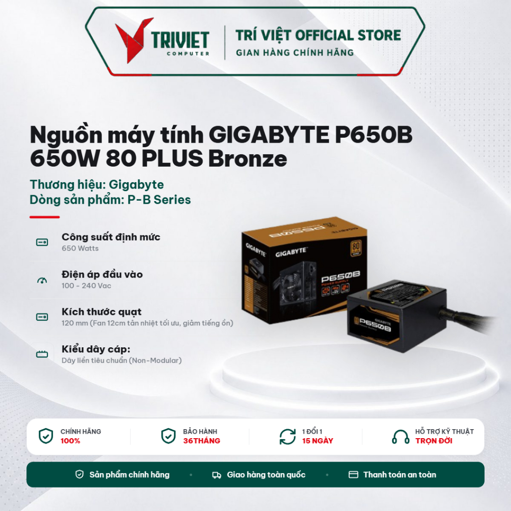 Nguồn Máy Tính Gigabyte GP-P650B 650W 80 Plus Bronze - Active PFC - Quạt HYB 120mm Hiệu Suất Cao,Tụ 
