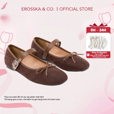 Erosska - Giày búp bê nữ retro kiểu giày ballet core màu nâu hottrend  - EL075