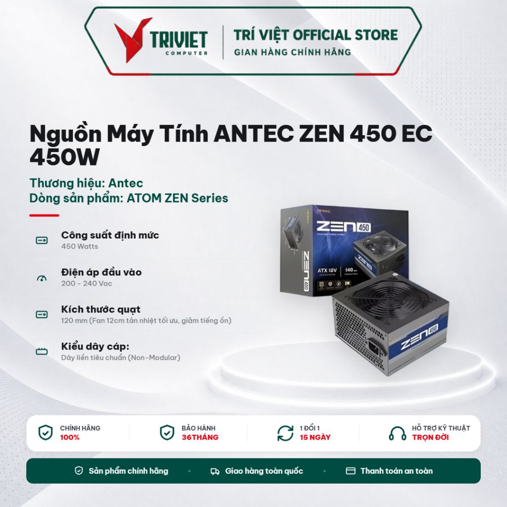 Nguồn Máy Tính ANTEC ZEN 450 EC 450W - Công Suất Thực - Active PFC - Quạt 120mm Êm Ái - Nguồn PC Văn