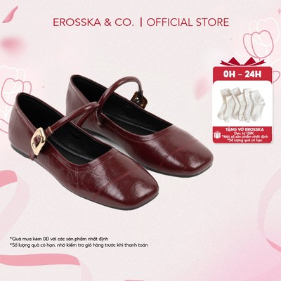 Erosska - Giày búp bê nữ ballet core mũi vuông, quai ngang phối khóa màu nâu  - EL084
